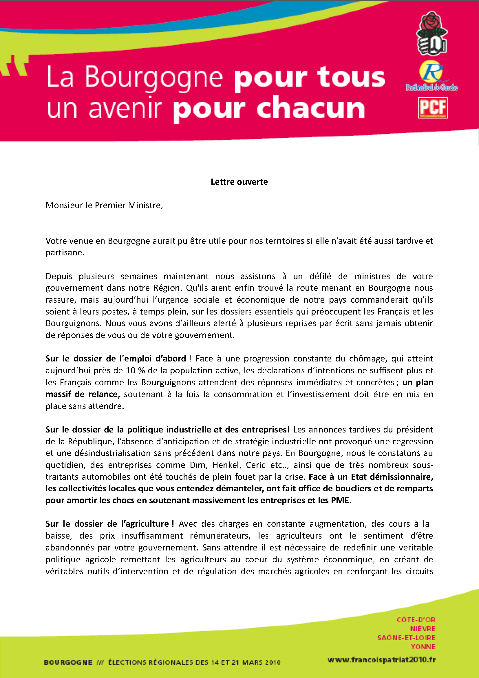 Lettre ouverte a Francois FILLON Premier Ministre 05-03-2010